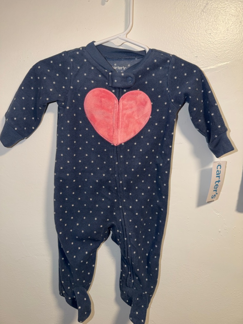 Carter's Navy Polka Dot Footed One-Piece with Pink Heart